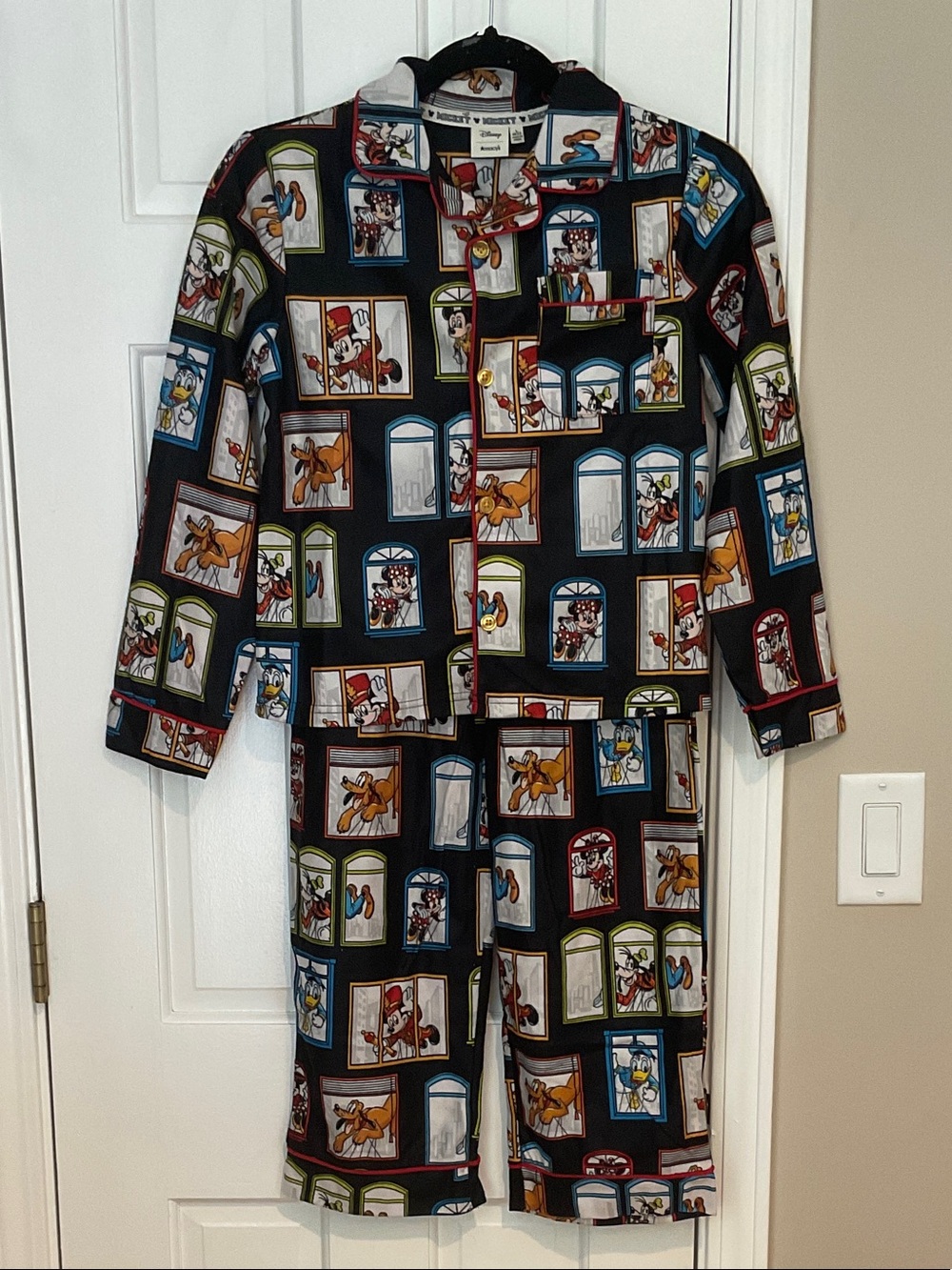 Disney Black Window-Frame Cartoon Kids Pajama Set with Multi-Color Prints